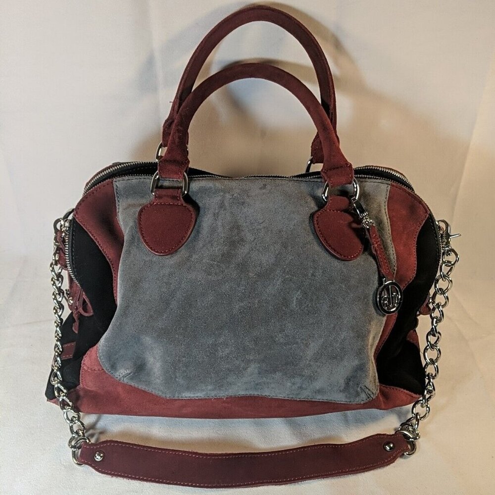 Audrey Brooke Suede Leather Paramount Red Gray Black Purse Shoulder Strap Bag